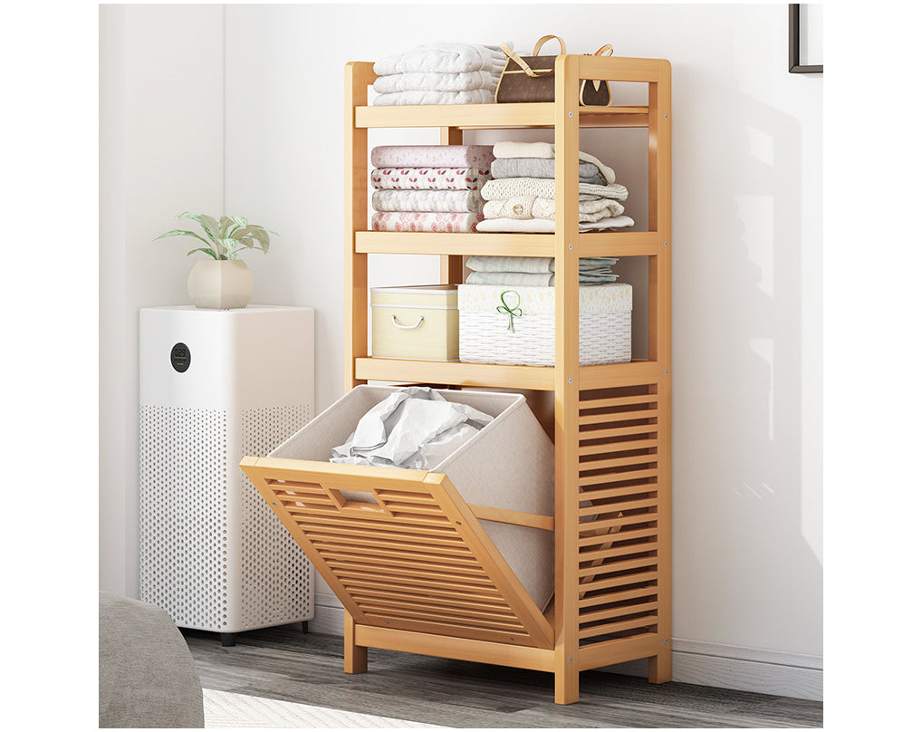 יחידת אחסון מבמבוק 3 מדפים המשלבת סל כביסה דגם Libi