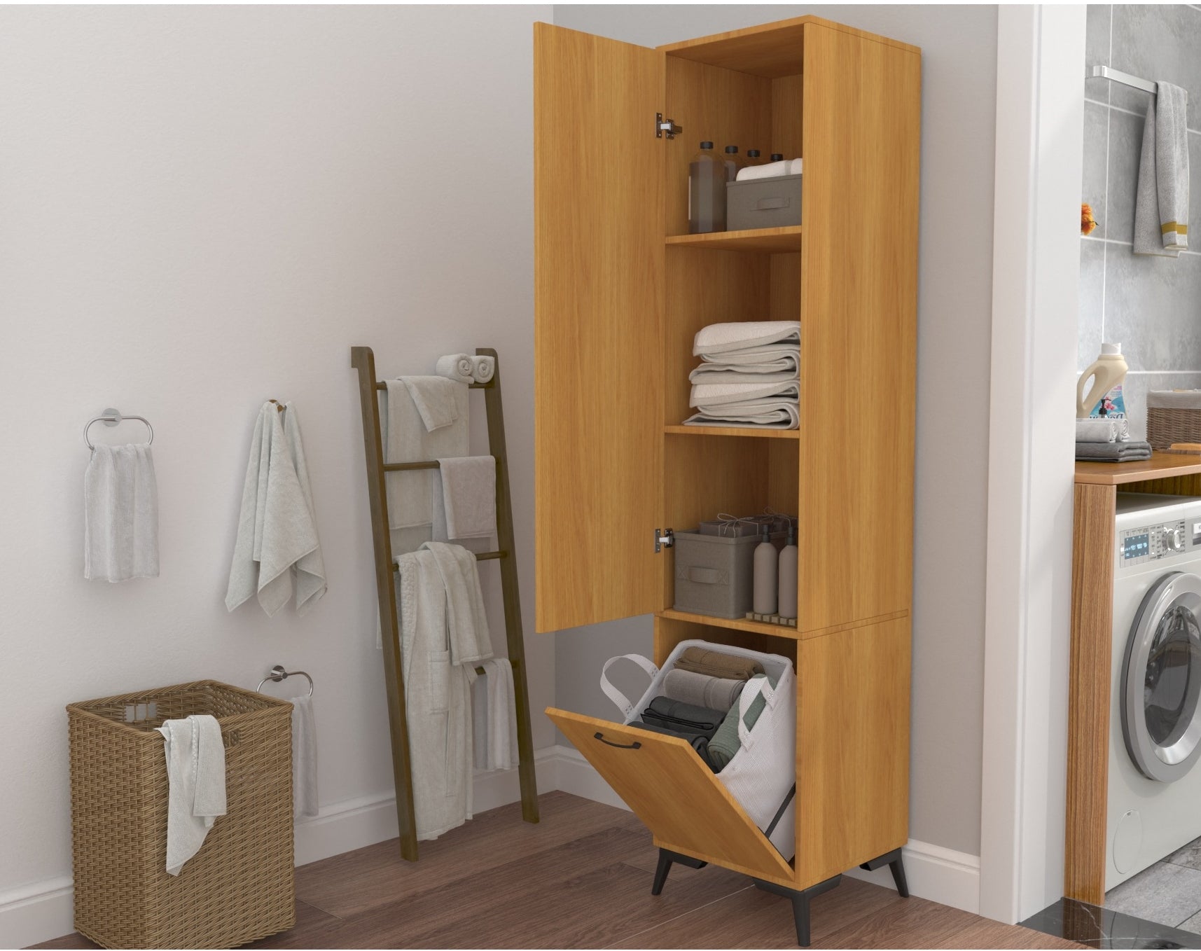 ארון אחסון לאמבטיה X5 כולל סל כביסה גדול נשלף ושלושה מדפי אחסון מבית Neat