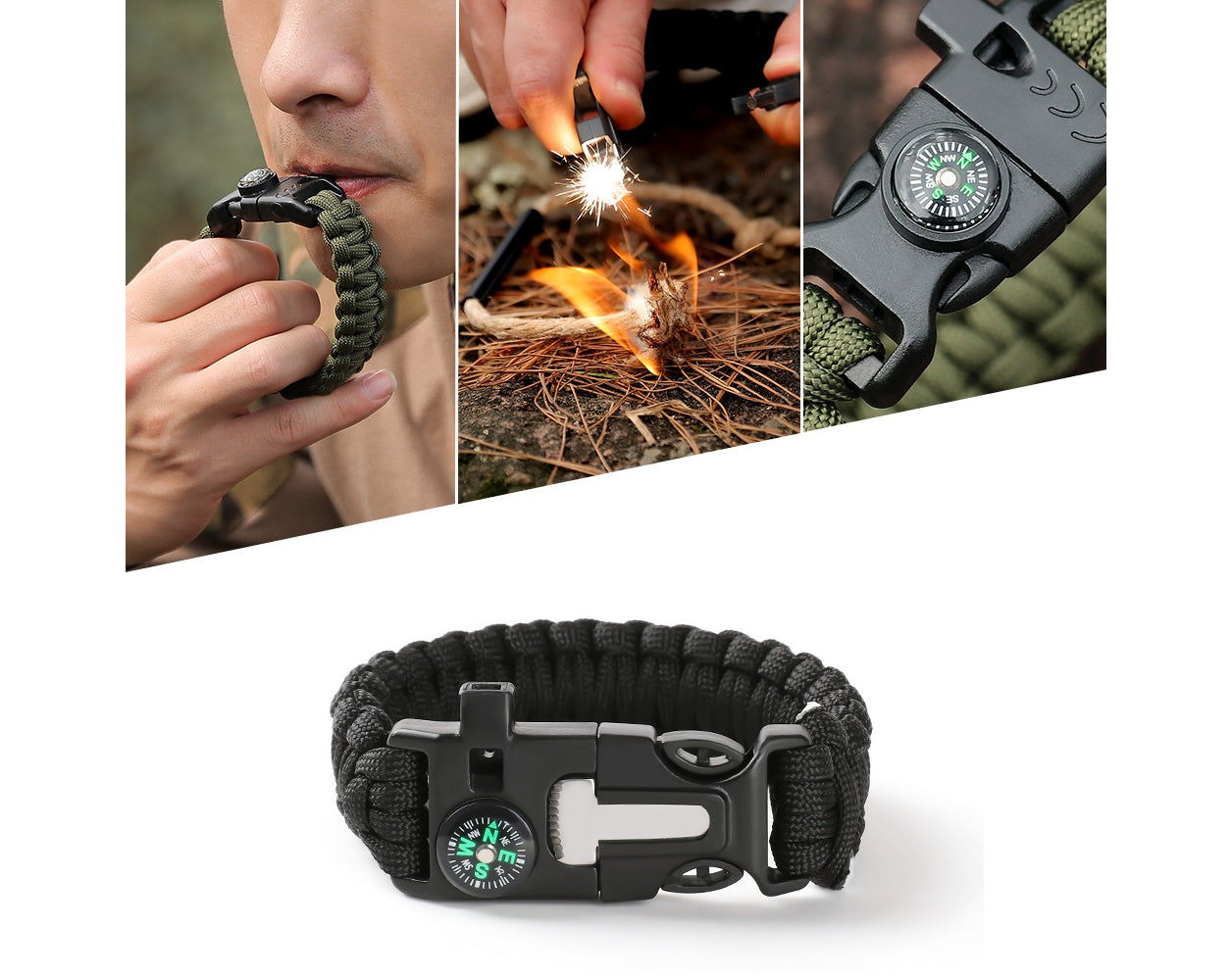 צמיד הישרדות הכולל אבן אש, מיתר, מצפן ומשרוקית. מבית CampX