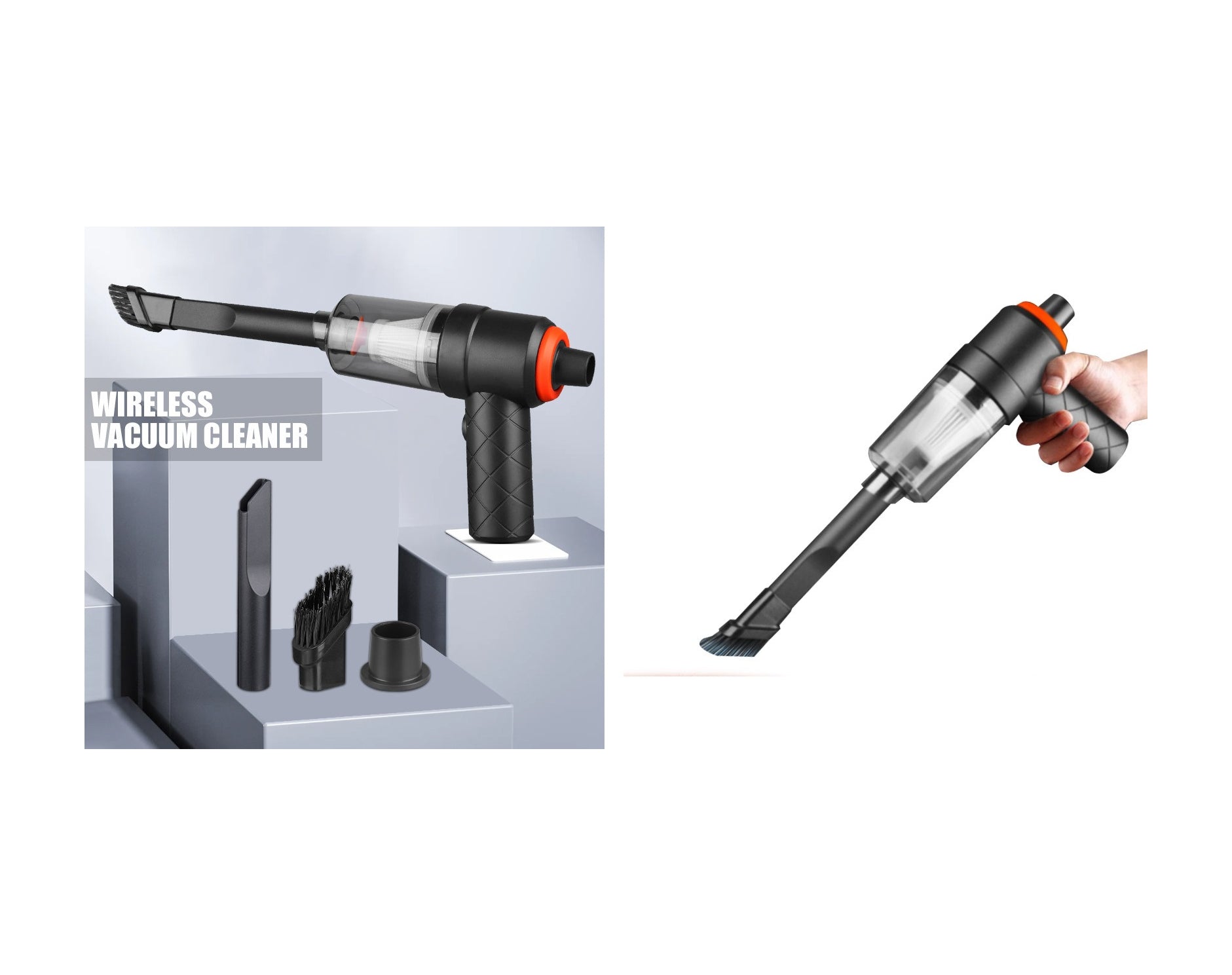 שואב אבק קומפקטי נטען לבית ולרכב + 3 ראשים מתחלפים